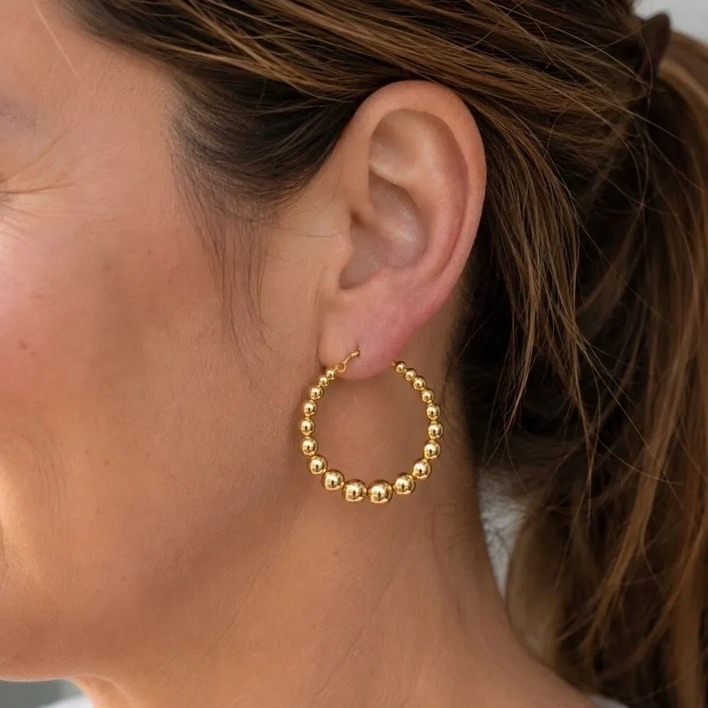 Graduated Gold Tone Beaded Ball Hoop Earrings